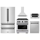 ZLINE 5-Piece Appliance Package - 30-Inch Paramount Dual Fuel Range, Wall Mount Range Hood, 36-Inch French Door Refrigerator, Dishwasher, and 30-Inch Microwave Drawer in Stainless Steel with Matte Black Accents