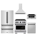 ZLINE 5-Piece Appliance Package - 30-Inch Paramount Dual Fuel Range, Wall Mount Range Hood, 36-Inch French Door Refrigerator, Dishwasher, and 30-Inch Microwave Drawer in Stainless Steel with Matte Black Accents