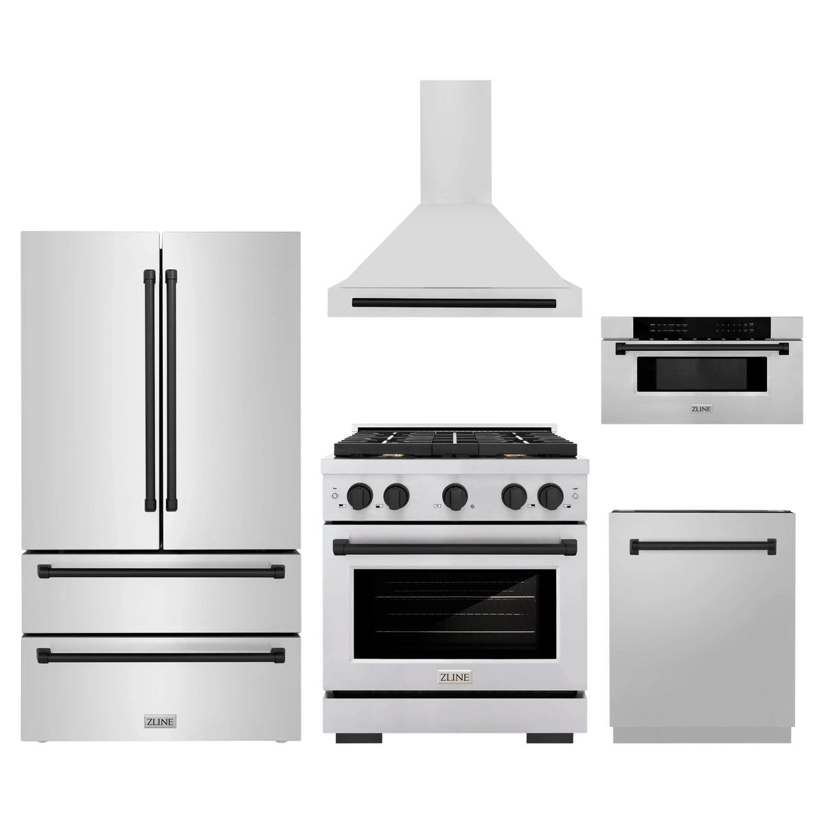 ZLINE 5-Piece Appliance Package - 30-Inch Paramount Dual Fuel Range, Wall Mount Range Hood, 36-Inch French Door Refrigerator, Dishwasher, and 30-Inch Microwave Drawer in Stainless Steel with Matte Black Accents