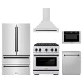 ZLINE 5-Piece Appliance Package - 30-Inch Paramount Dual Fuel Range, Wall Mount Range Hood, 36-Inch French Door Refrigerator, Dishwasher, and 24-Inch Microwave Drawer in Stainless Steel with Matte Black Accents