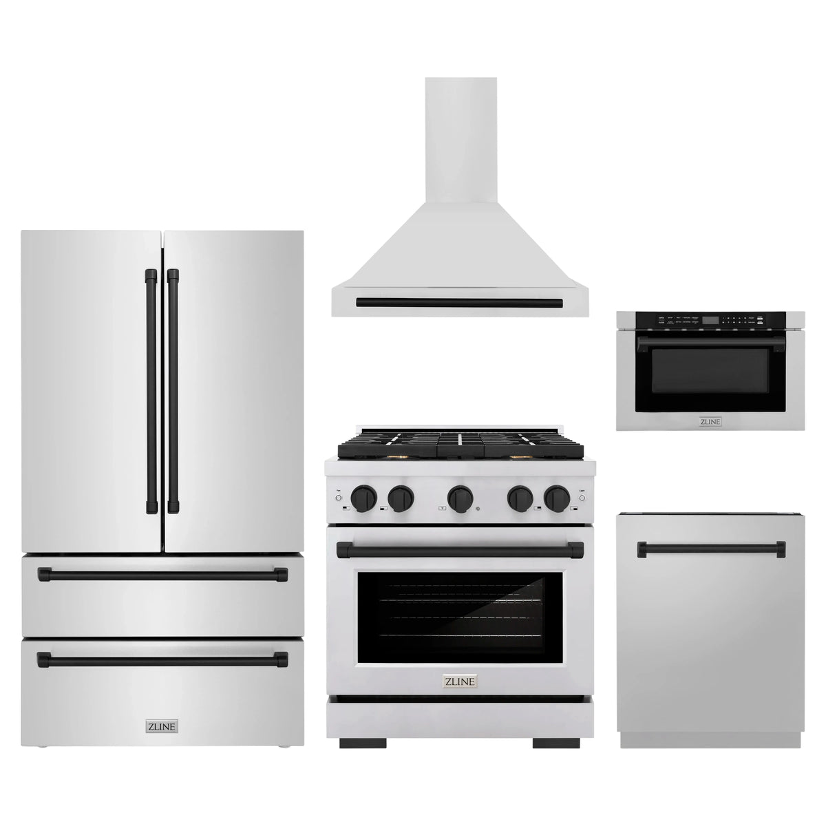 ZLINE 5-Piece Appliance Package - 30-Inch Paramount Dual Fuel Range, Wall Mount Range Hood, 36-Inch French Door Refrigerator, Dishwasher, and 24-Inch Microwave Drawer in Stainless Steel with Matte Black Accents