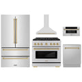 ZLINE 5-Piece Appliance Package - 36-Inch Paramount Dual Fuel Range, Wall Mount Range Hood, 36-Inch French Door Refrigerator, Dishwasher, and 30-Inch Microwave Drawer in Stainless Steel with Champagne Bronze Accents