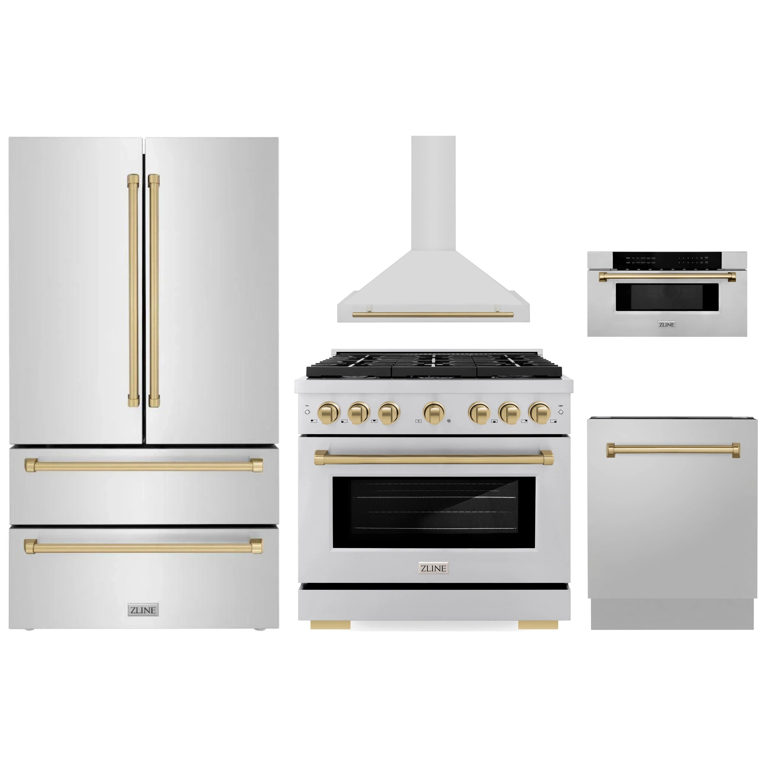 Stainless steel 5-piece appliance set with champagne bronze handles: range, refrigerator, more