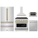 ZLINE 5-Piece Appliance Package - 36-Inch Paramount Dual Fuel Range, Wall Mount Range Hood, 36-Inch French Door Refrigerator, Dishwasher, and 30-Inch Microwave Drawer in Stainless Steel with Champagne Bronze Accents