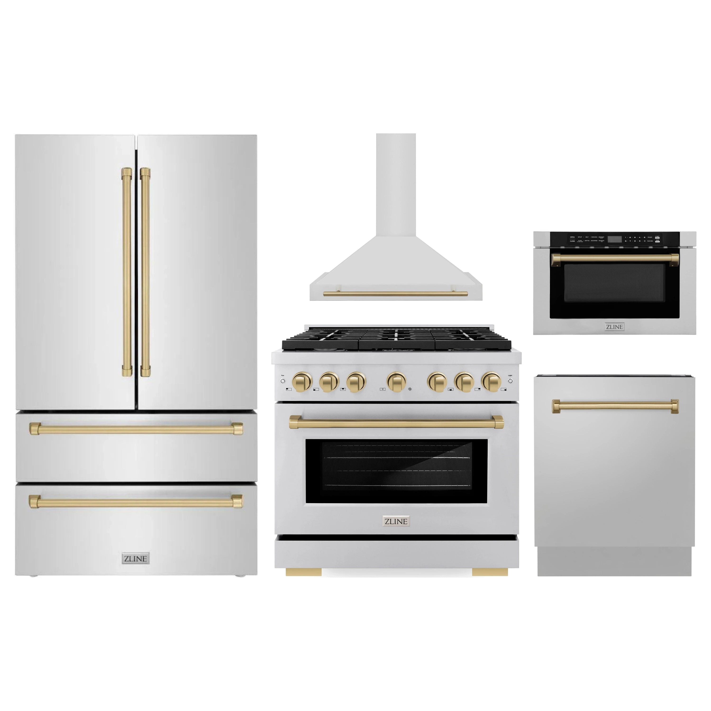 Stainless steel appliance package with refrigerator, range, range hood, and microwave drawer