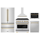 ZLINE 5-Piece Appliance Package - 36-Inch Paramount Dual Fuel Range, Wall Mount Range Hood, 36-Inch French Door Refrigerator, Dishwasher, and 30-Inch Microwave Drawer in Stainless Steel with Champagne Bronze Accents