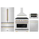 ZLINE 5-Piece Appliance Package - 36-Inch Paramount Dual Fuel Range, Wall Mount Range Hood, 36-Inch French Door Refrigerator, Dishwasher, and 30-Inch Microwave Drawer in Stainless Steel with Gold Accents