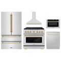 ZLINE 5-Piece Appliance Package - 36-Inch Paramount Dual Fuel Range, Wall Mount Range Hood, 36-Inch French Door Refrigerator, Dishwasher, and 24-Inch Microwave Drawer in Stainless Steel with Gold Accents