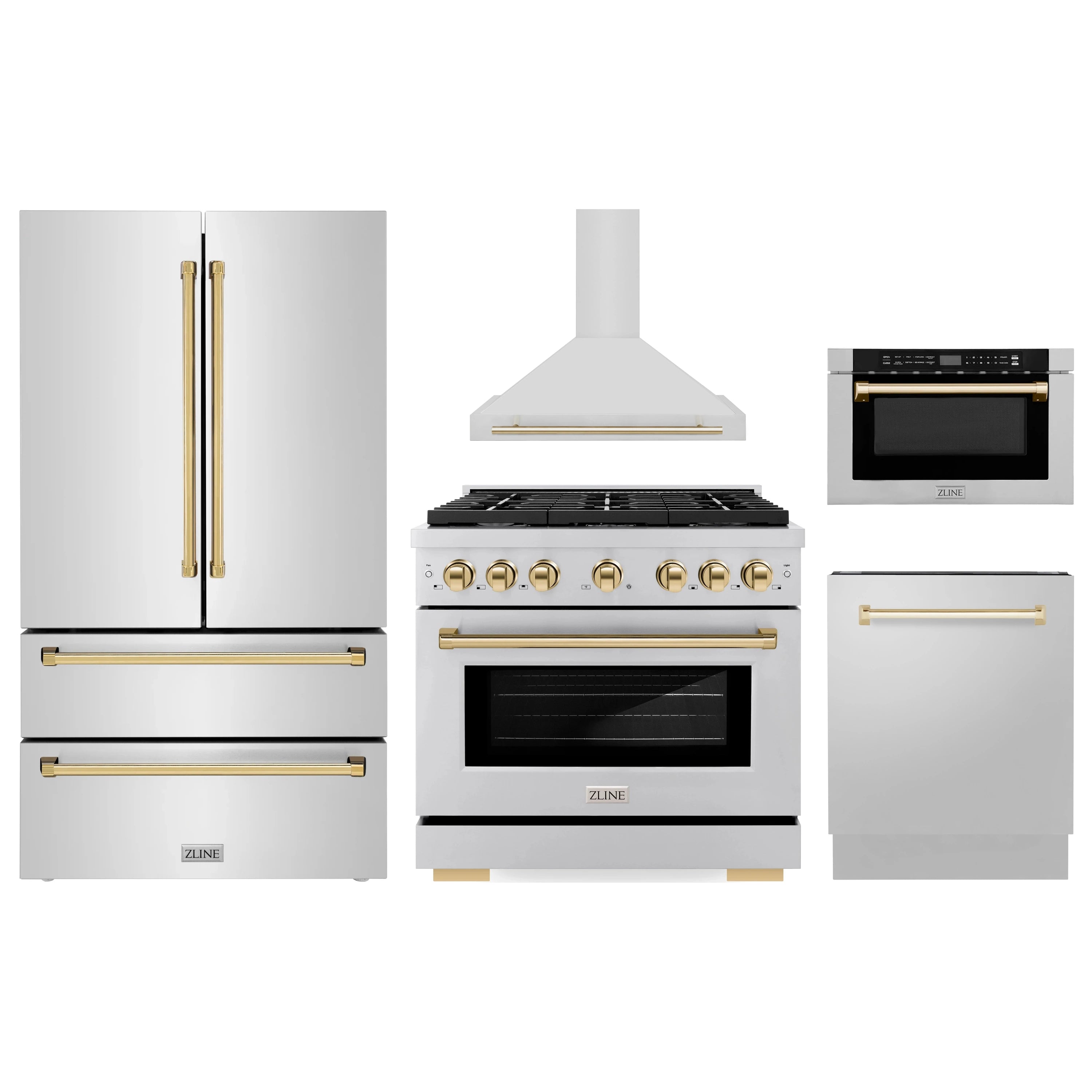 Stainless steel appliance package set with refrigerator, range, hood, dishwasher, and microwave