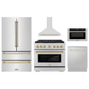 ZLINE 5-Piece Appliance Package - 36-Inch Paramount Dual Fuel Range, Wall Mount Range Hood, 36-Inch French Door Refrigerator, Dishwasher, and 30-Inch Microwave Drawer in Stainless Steel with Gold Accents