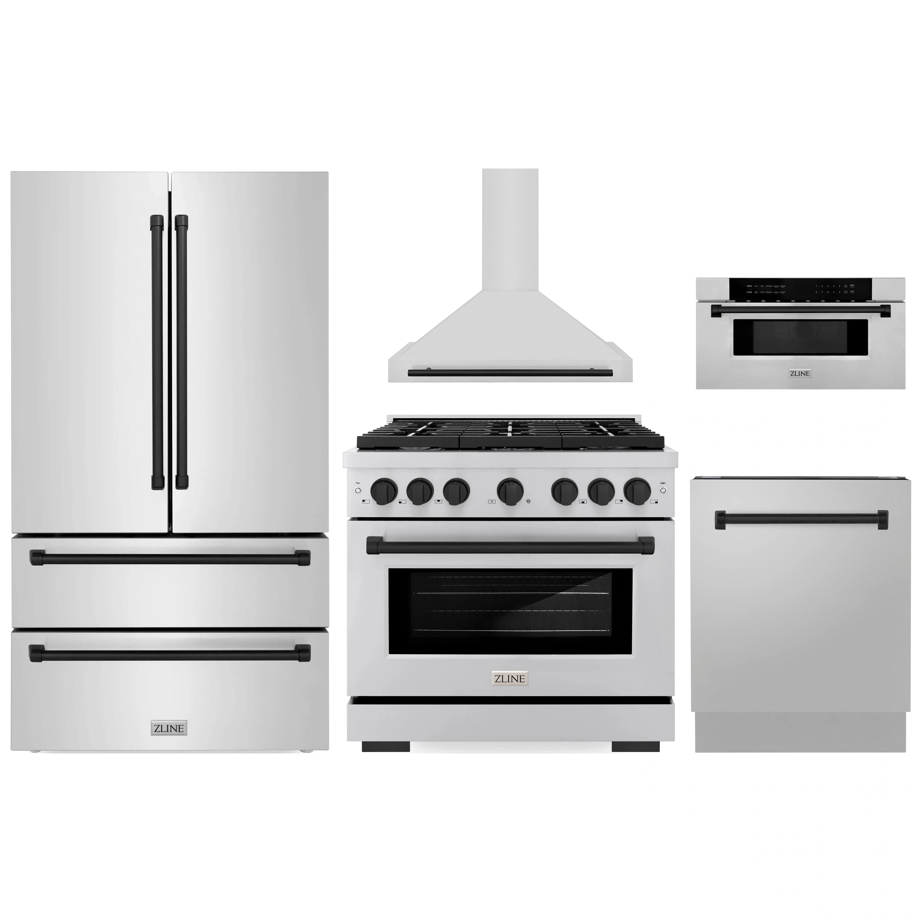 Stainless steel appliance set with refrigerator, range, microwave drawer, and hood