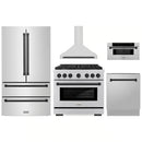 ZLINE 5-Piece Appliance Package - 36-Inch Paramount Dual Fuel Range, Wall Mount Range Hood, 36-Inch French Door Refrigerator, Dishwasher, and 30-Inch Microwave Drawer in Stainless Steel with Matte Black Accents