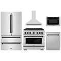 ZLINE 5-Piece Appliance Package - 36-Inch Paramount Dual Fuel Range, Wall Mount Range Hood, 36-Inch French Door Refrigerator, Dishwasher, and 24-Inch Microwave Drawer in Stainless Steel with Matte Black Accents