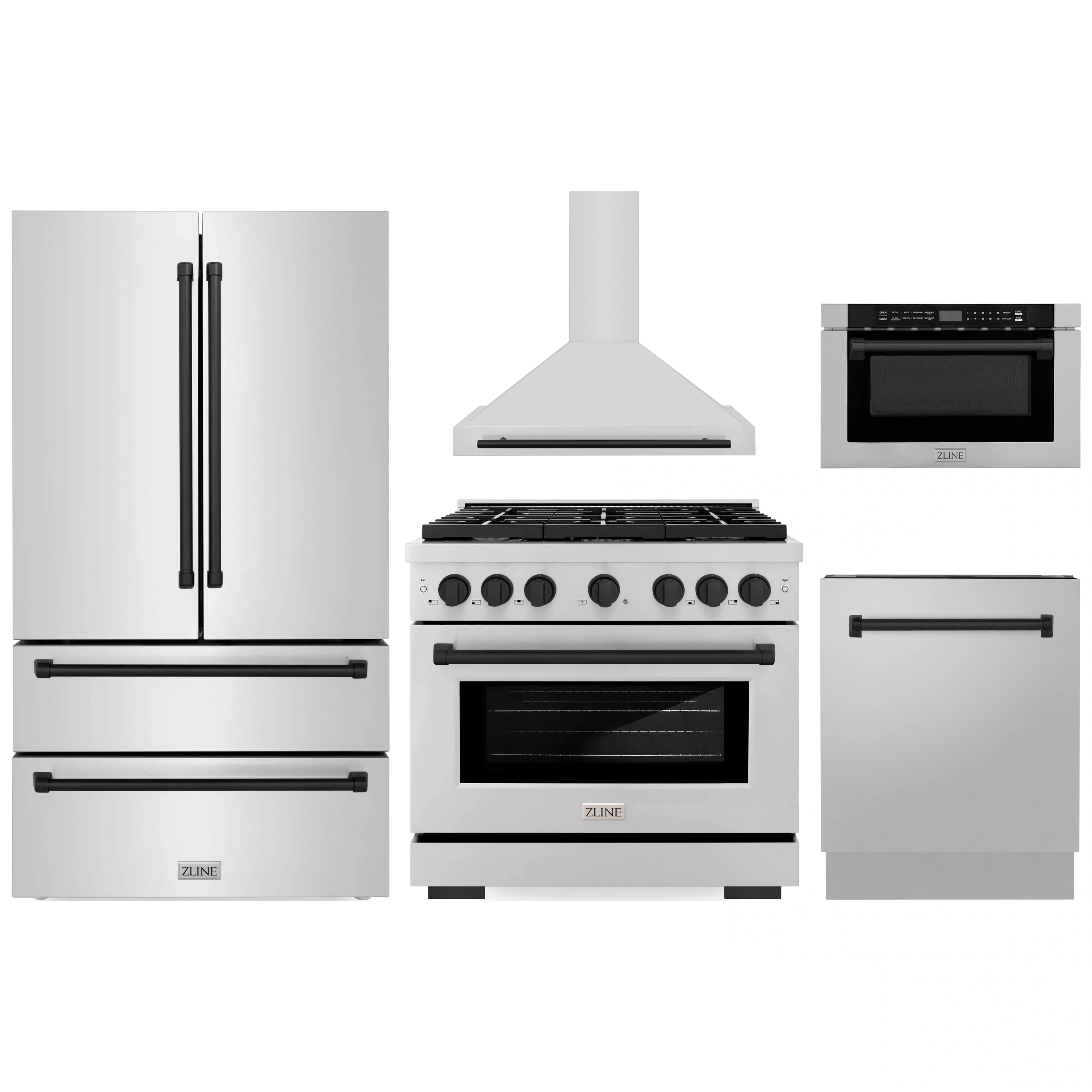 Stainless appliance package featuring refrigerator, range, range hood, and dishwasher