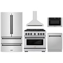 ZLINE 5-Piece Appliance Package - 36-Inch Paramount Dual Fuel Range, Wall Mount Range Hood, 36-Inch French Door Refrigerator, Dishwasher, and 30-Inch Microwave Drawer in Stainless Steel with Matte Black Accents