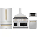 ZLINE 5-Piece Appliance Package - 48-Inch Paramount Dual Fuel Range, Wall Mount Range Hood, 36-Inch French Door Refrigerator, Dishwasher, and 30-Inch Microwave Drawer in Stainless Steel with Champagne Bronze Accents