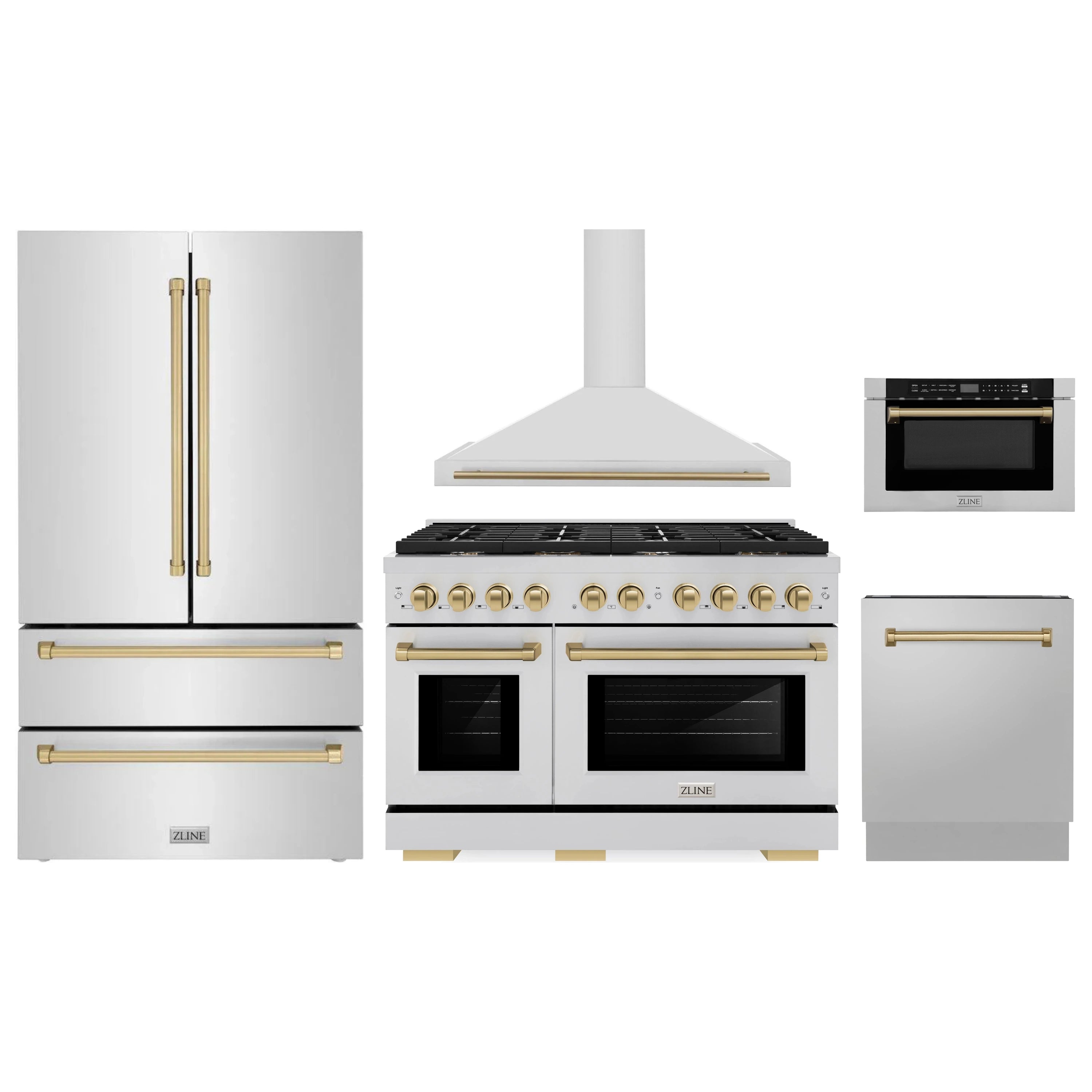 Stainless steel appliance set: dual fuel range with hood, refrigerator, dishwasher, and microwave