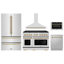 ZLINE 5-Piece Appliance Package - 48-Inch Paramount Dual Fuel Range, Wall Mount Range Hood, 36-Inch French Door Refrigerator, Dishwasher, and 30-Inch Microwave Drawer in Stainless Steel with Champagne Bronze Accents