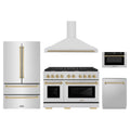 ZLINE 5-Piece Appliance Package - 48-Inch Paramount Dual Fuel Range, Wall Mount Range Hood, 36-Inch French Door Refrigerator, Dishwasher, and 24-Inch Microwave Drawer in Stainless Steel with Champagne Bronze Accents
