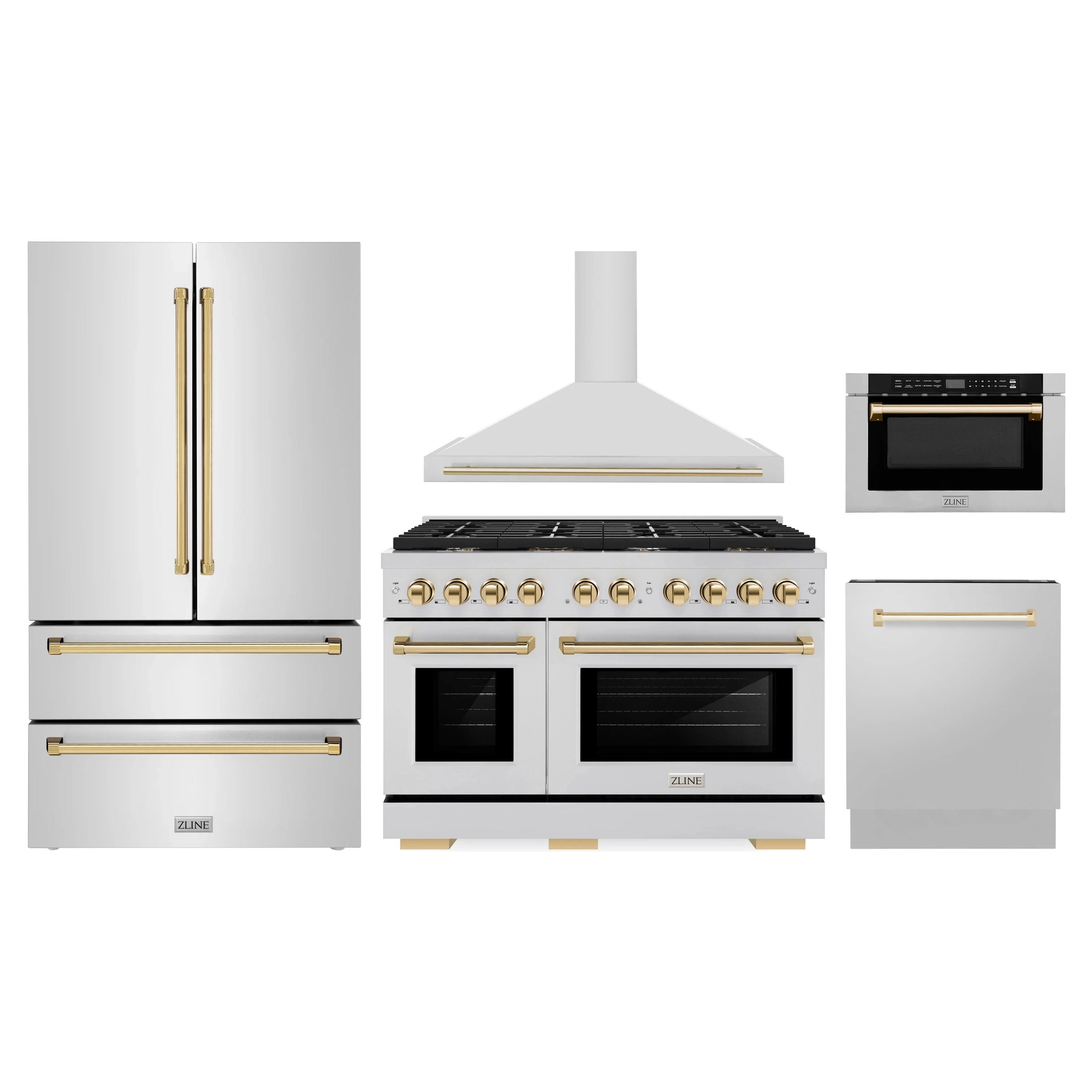 Stainless appliance set with gold-accented range, refrigerator, microwave, and dishwasher