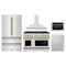 ZLINE 5-Piece Appliance Package - 48-Inch Paramount Dual Fuel Range, Wall Mount Range Hood, 36-Inch French Door Refrigerator, Dishwasher, and 30-Inch Microwave Drawer in Stainless Steel with Gold Accents
