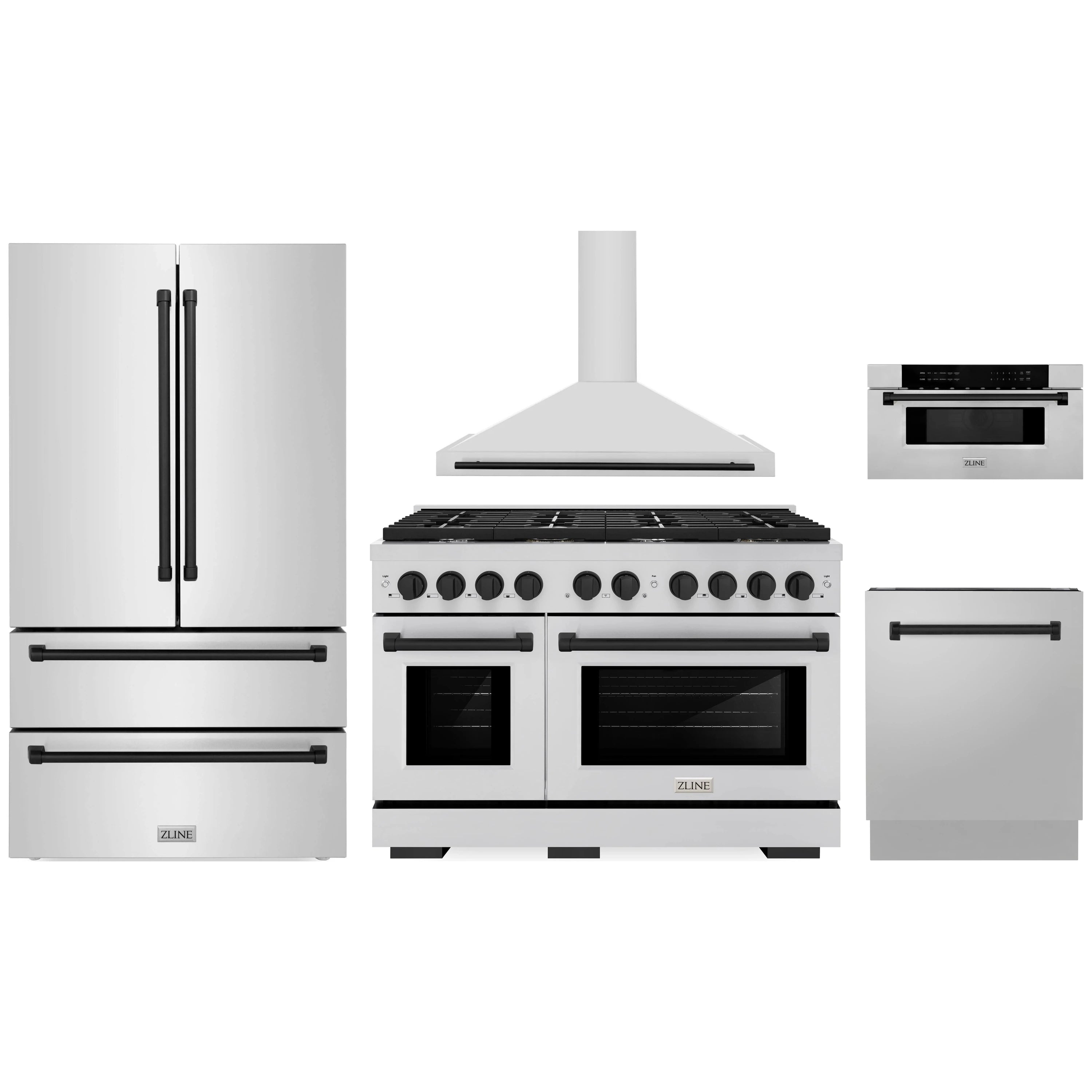 Stainless steel appliance package featuring range, wall hood, refrigerator, and dishwasher