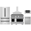 ZLINE 5-Piece Appliance Package - 48-Inch Paramount Dual Fuel Range, Wall Mount Range Hood, 36-Inch French Door Refrigerator, Dishwasher, and 30-Inch Microwave Drawer in Stainless Steel with Matte Black Accents