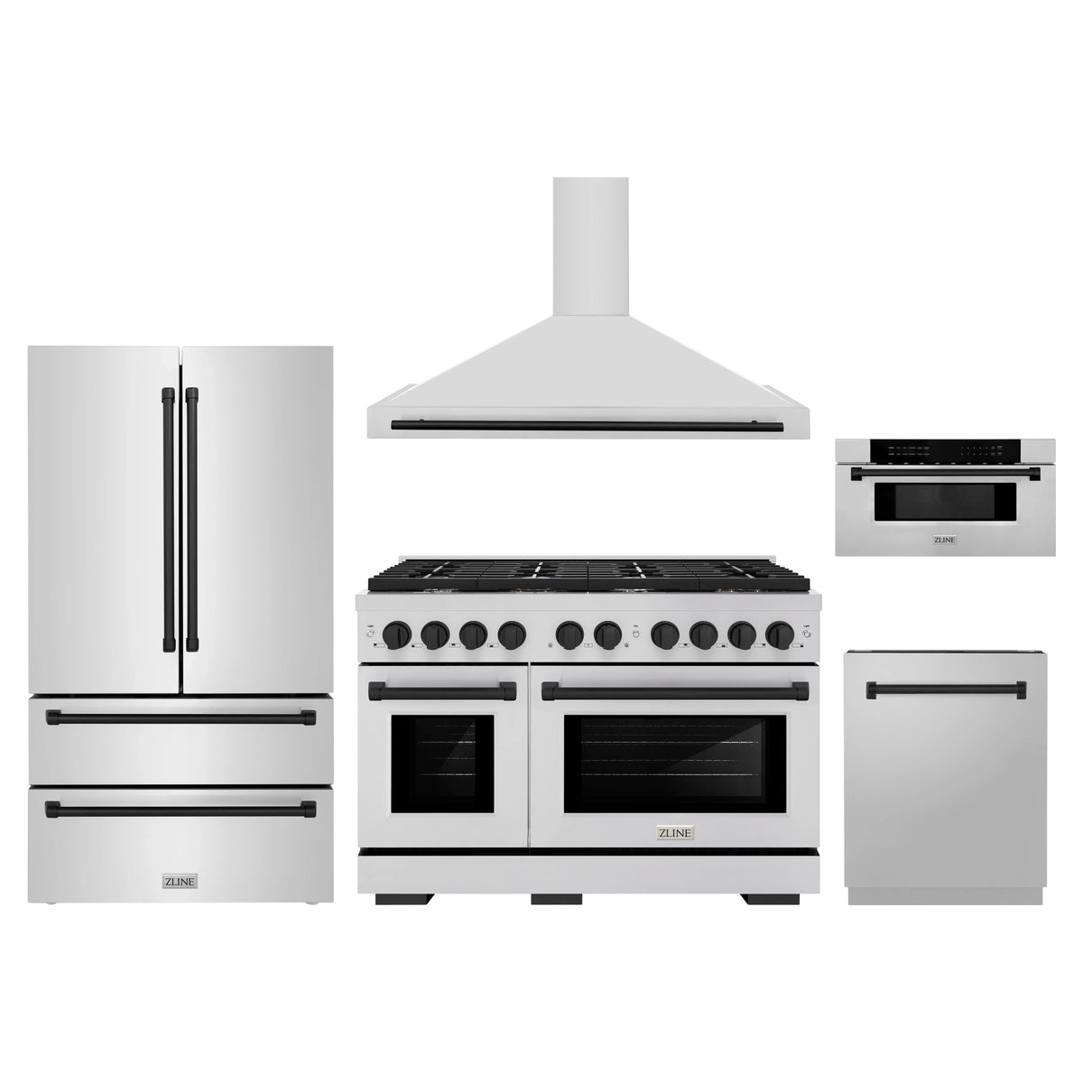 ZLINE 5-Piece Appliance Package - 48-Inch Paramount Dual Fuel Range, Wall Mount Range Hood, 36-Inch French Door Refrigerator, Dishwasher, and 30-Inch Microwave Drawer in Stainless Steel with Matte Black Accents