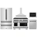 ZLINE 5-Piece Appliance Package - 48-Inch Paramount Dual Fuel Range, Wall Mount Range Hood, 36-Inch French Door Refrigerator, Dishwasher, and 30-Inch Microwave Drawer in Stainless Steel with Matte Black Accents