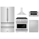 ZLINE 5-Piece Appliance Package - 30-Inch Paramount Gas Range, Wall Mount Range Hood, 36-Inch French Door Refrigerator, Dishwasher, and 30-Inch Microwave Drawer in Stainless Steel