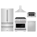 ZLINE 5-Piece Appliance Package - 30-Inch Paramount Gas Range, Wall Mount Range Hood, 36-Inch French Door Refrigerator, Dishwasher, and 30-Inch Microwave Drawer in Stainless Steel