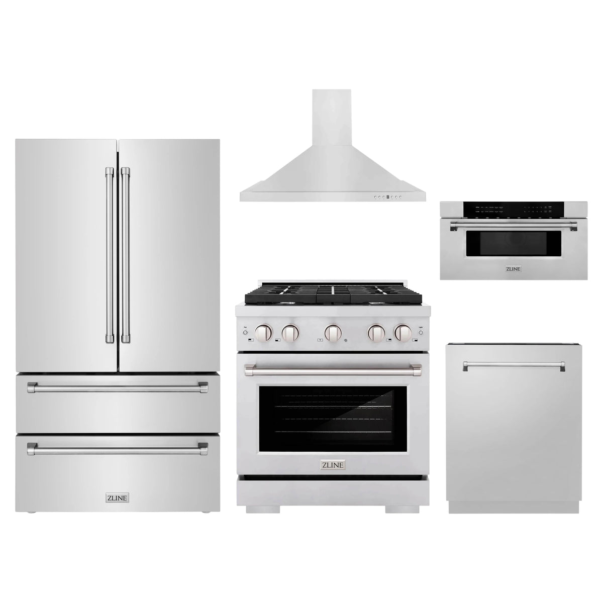 ZLINE 5-Piece Appliance Package - 30-Inch Paramount Gas Range, Wall Mount Range Hood, 36-Inch French Door Refrigerator, Dishwasher, and 30-Inch Microwave Drawer in Stainless Steel