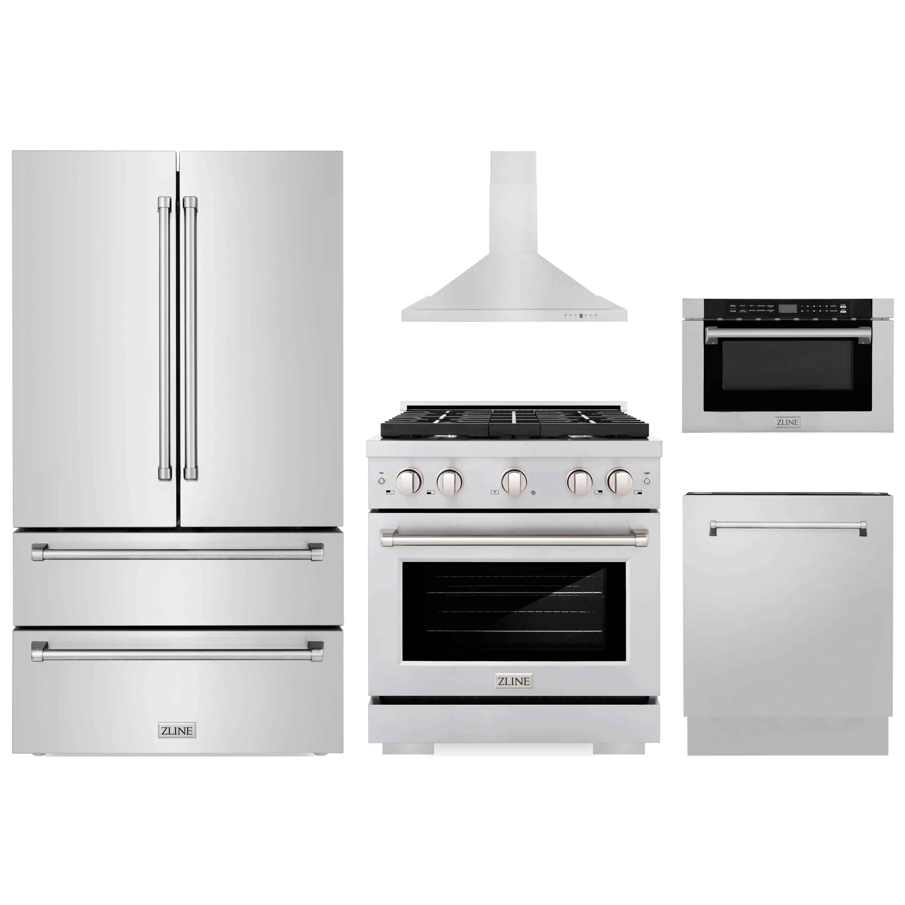 Stainless steel 5-piece kitchen appliance set including range, hood, and dishwasher