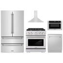 ZLINE 5-Piece Appliance Package - 30-Inch Paramount Gas Range, Wall Mount Range Hood, 36-Inch French Door Refrigerator, Dishwasher, and 30-Inch Microwave Drawer in Stainless Steel