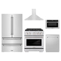 ZLINE 5-Piece Appliance Package - 30-Inch Paramount Gas Range, Wall Mount Range Hood, 36-Inch French Door Refrigerator, Dishwasher, and 24-Inch Microwave Drawer in Stainless Steel