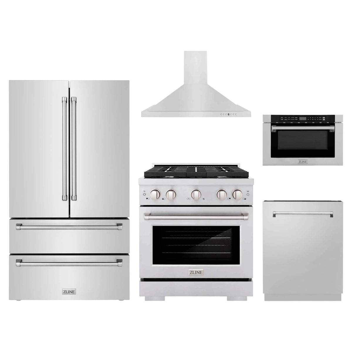 ZLINE 5-Piece Appliance Package - 30-Inch Paramount Gas Range, Wall Mount Range Hood, 36-Inch French Door Refrigerator, Dishwasher, and 24-Inch Microwave Drawer in Stainless Steel
