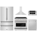 ZLINE 5-Piece Appliance Package - 36-Inch Paramount Gas Range, Wall Mount Range Hood, 36-Inch French Door Refrigerator, Dishwasher, and 30-Inch Microwave Drawer in Stainless Steel