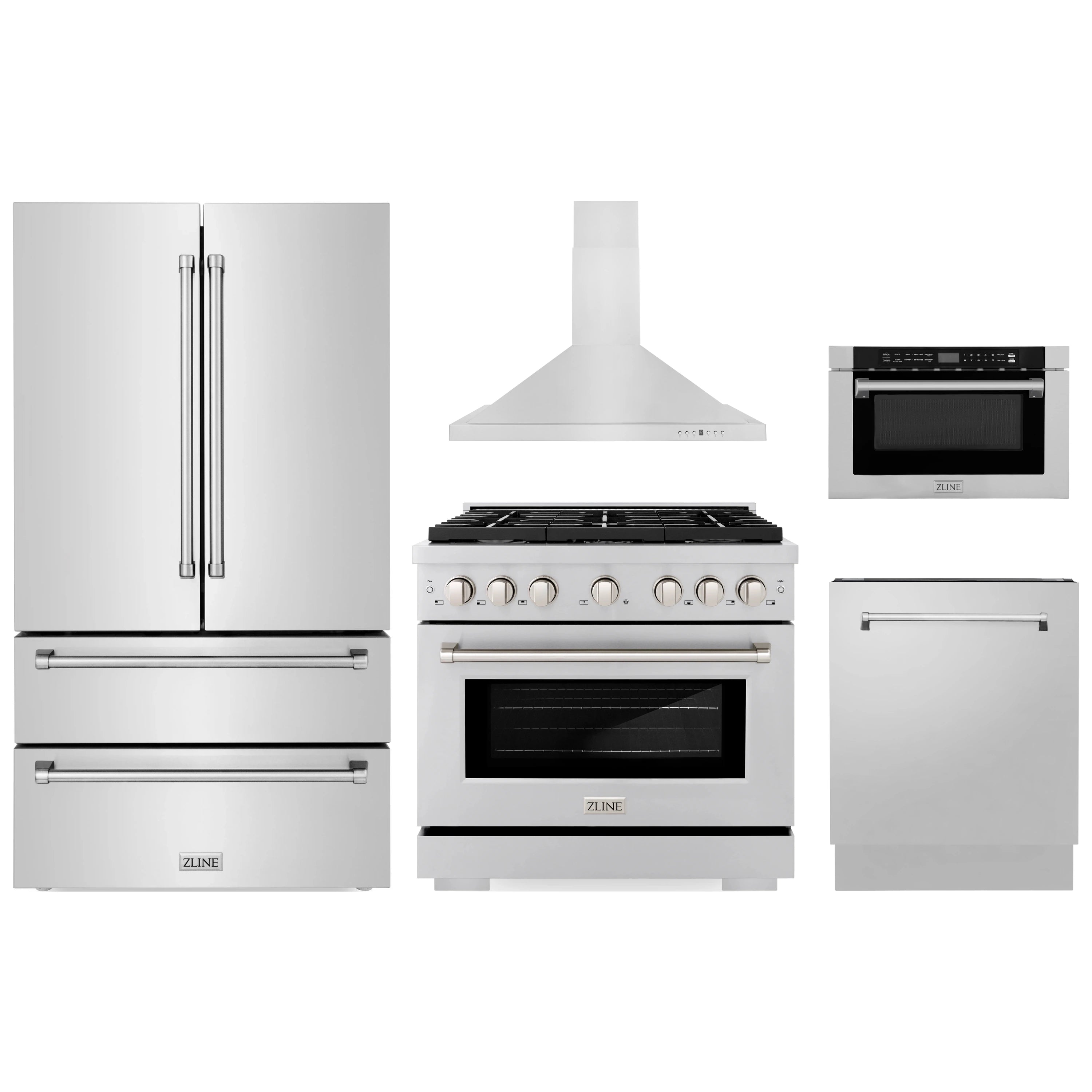 Stainless steel 5-piece appliance package: refrigerator, gas range, hood, microwave, dishwasher