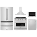 ZLINE 5-Piece Appliance Package - 36-Inch Paramount Gas Range, Wall Mount Range Hood, 36-Inch French Door Refrigerator, Dishwasher, and 30-Inch Microwave Drawer in Stainless Steel