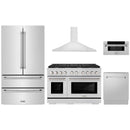 ZLINE 5-Piece Appliance Package - 48-Inch Paramount Gas Range, Wall Mount Range Hood, 36-Inch French Door Refrigerator, Dishwasher, and 30-Inch Microwave Drawer in Stainless Steel