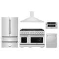 ZLINE 5-Piece Appliance Package - 48-Inch Paramount Gas Range, Wall Mount Range Hood, 36-Inch French Door Refrigerator, Dishwasher, and 30-Inch Microwave Drawer in Stainless Steel