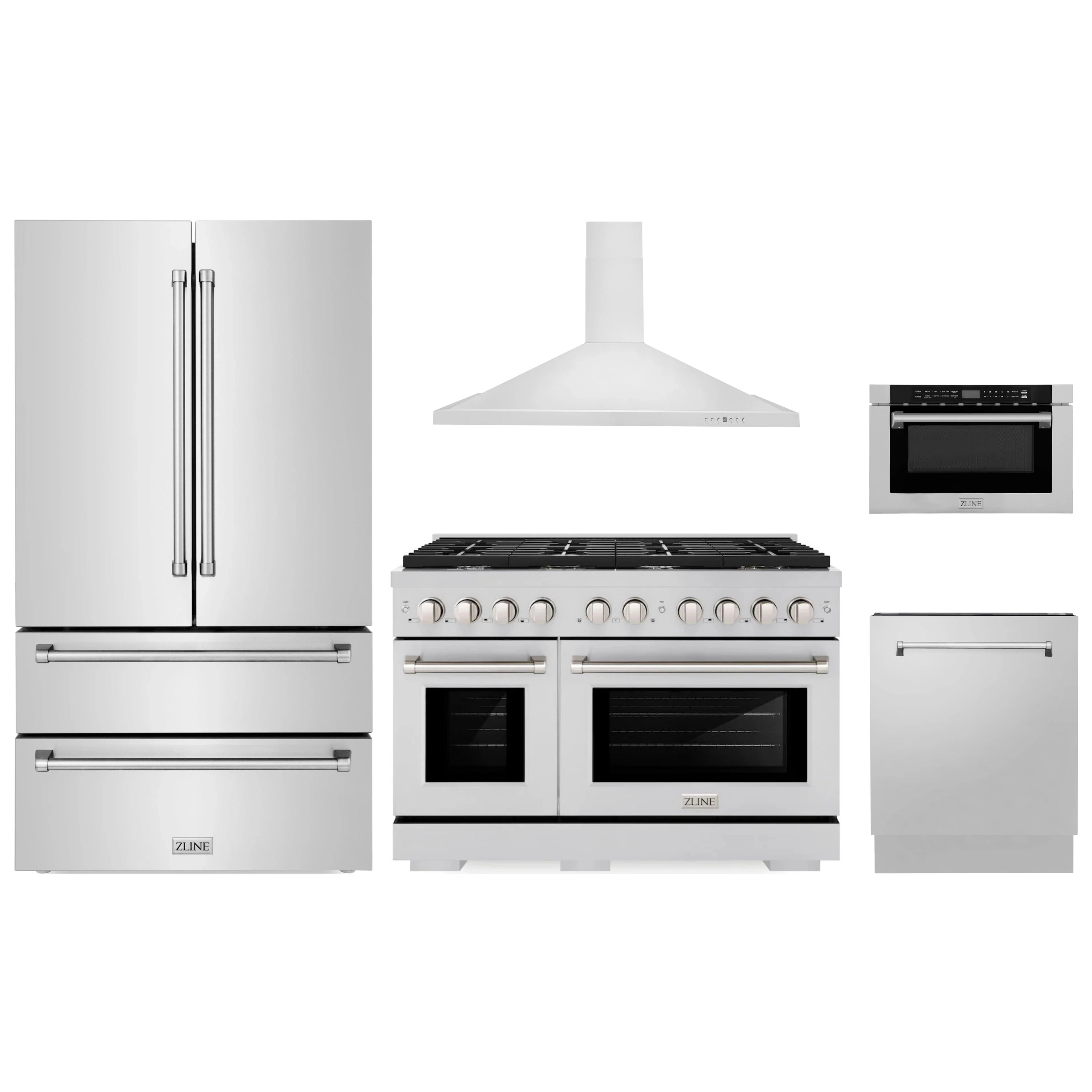 Stainless steel appliance package collage: refrigerator, range hood, gas range, dishwasher, oven