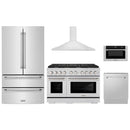 ZLINE 5-Piece Appliance Package - 48-Inch Paramount Gas Range, Wall Mount Range Hood, 36-Inch French Door Refrigerator, Dishwasher, and 30-Inch Microwave Drawer in Stainless Steel