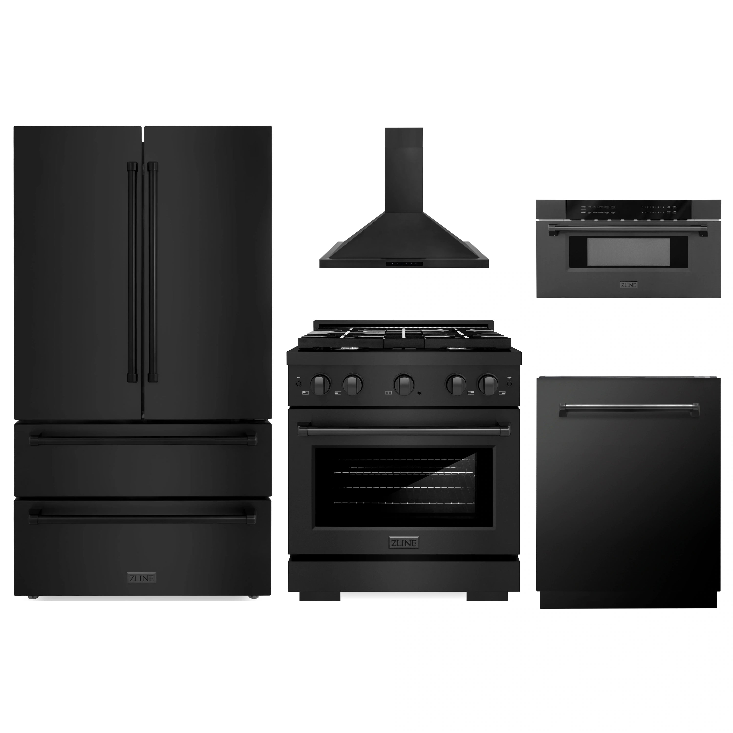 Black 5-piece appliance package showing gas range, hood, microwave, and refrigerator