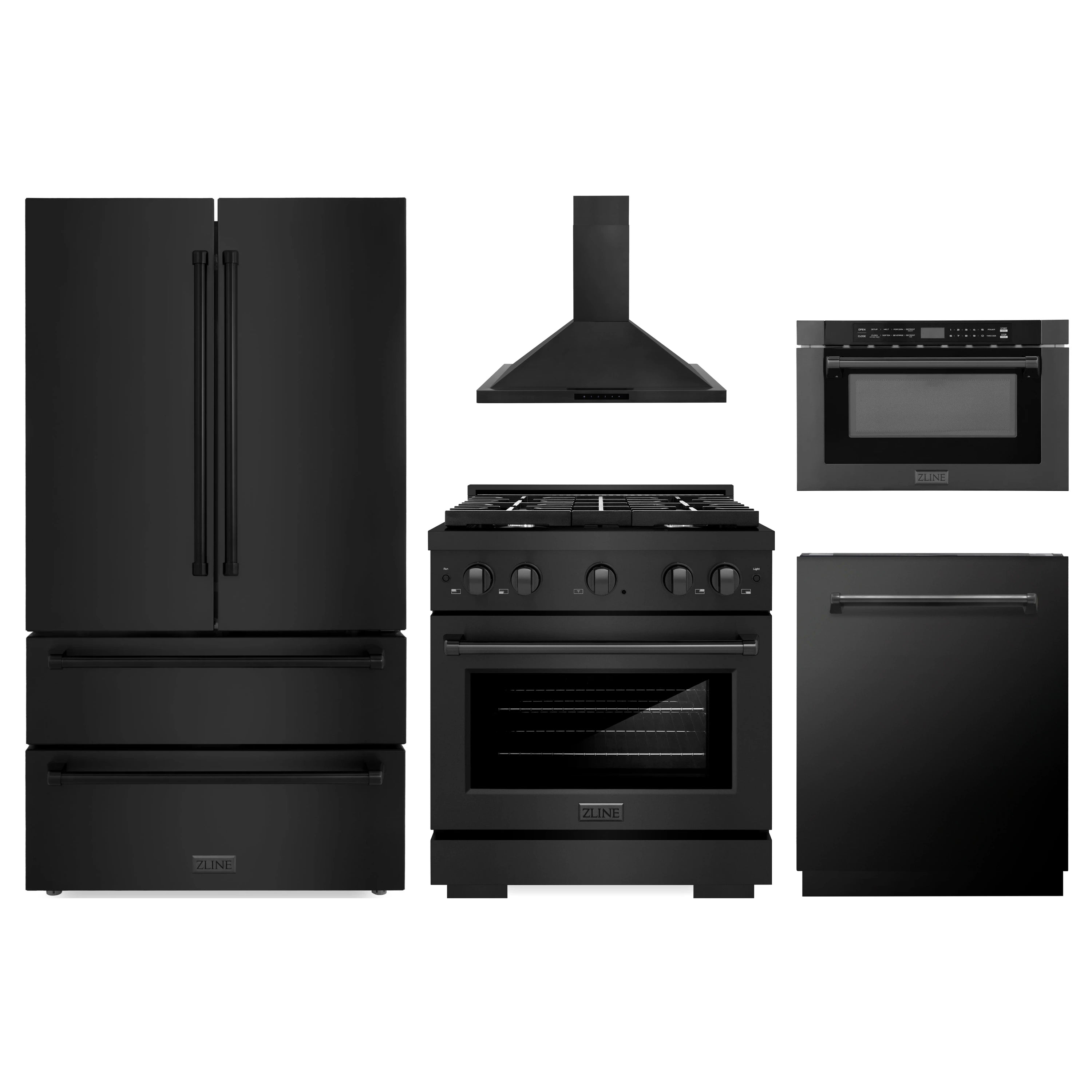 Black stainless steel kitchen appliance package: refrigerator, range, hood, dishwasher, microwave