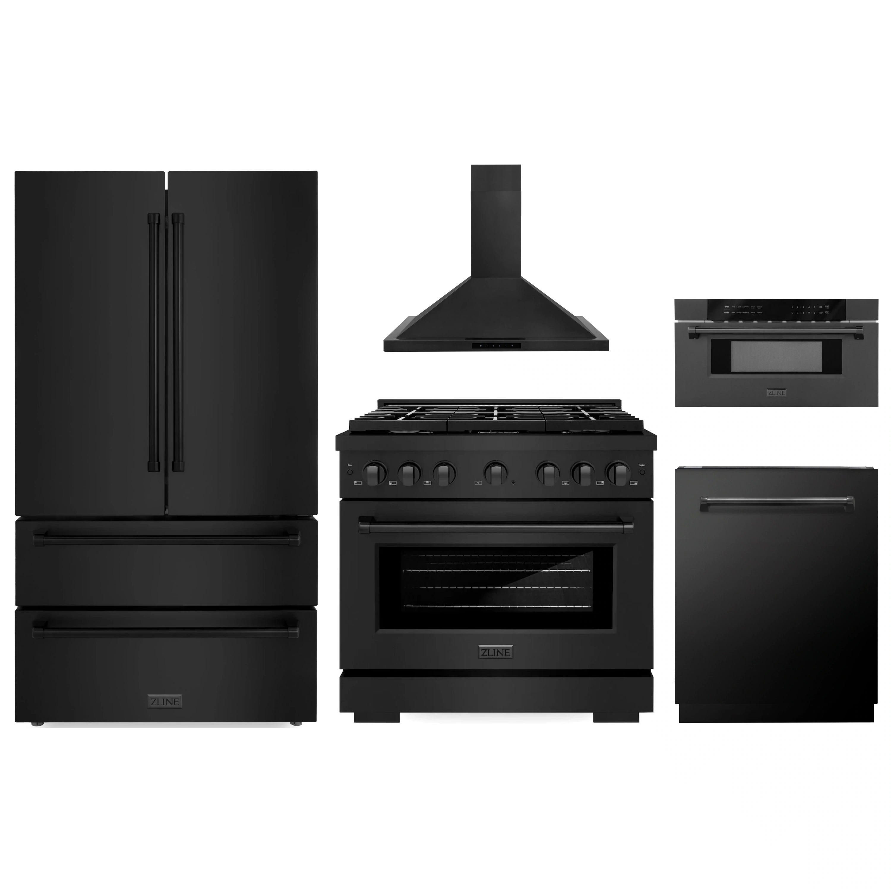 Black stainless steel kitchen appliance package with refrigerator, range, hood, microwave, dishwasher