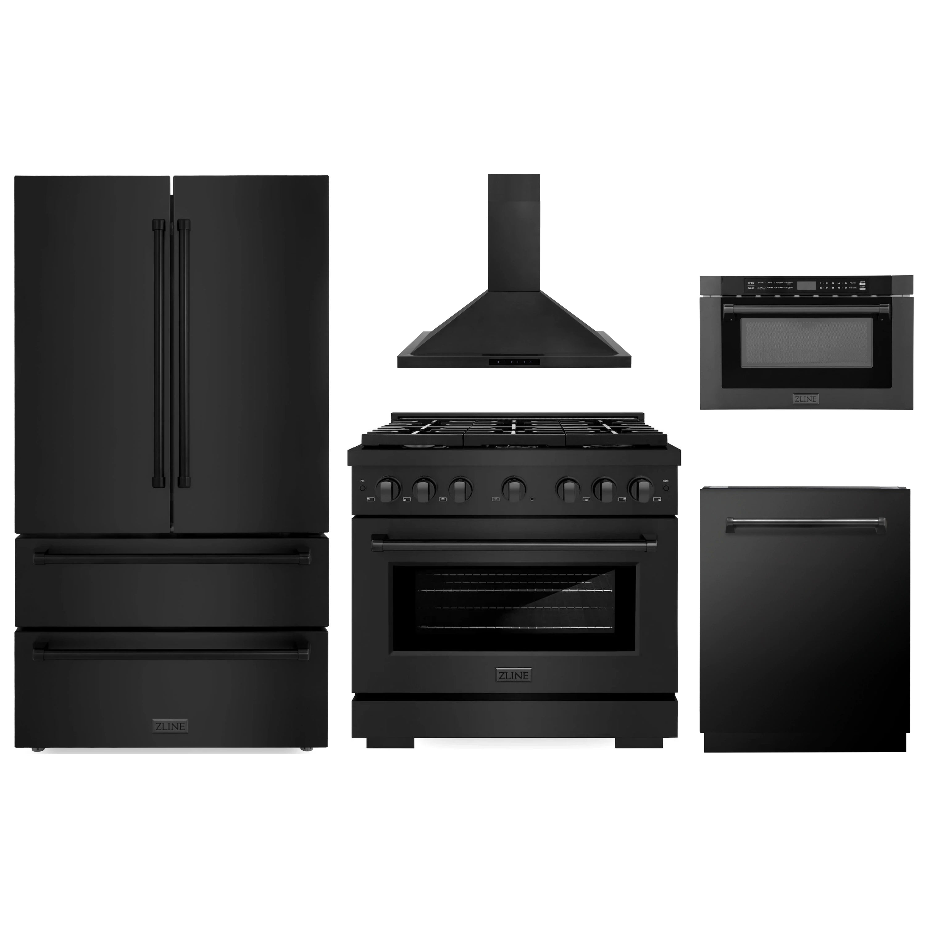 Black stainless steel appliance set: refrigerator, gas range, oven, hood, and dishwasher
