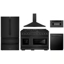 ZLINE 5-Piece Appliance Package - 48-Inch Paramount Gas Range, Wall Mount Range Hood, 36-Inch French Door Refrigerator, Dishwasher, and 30-Inch Microwave Drawer in Black Stainless Steel