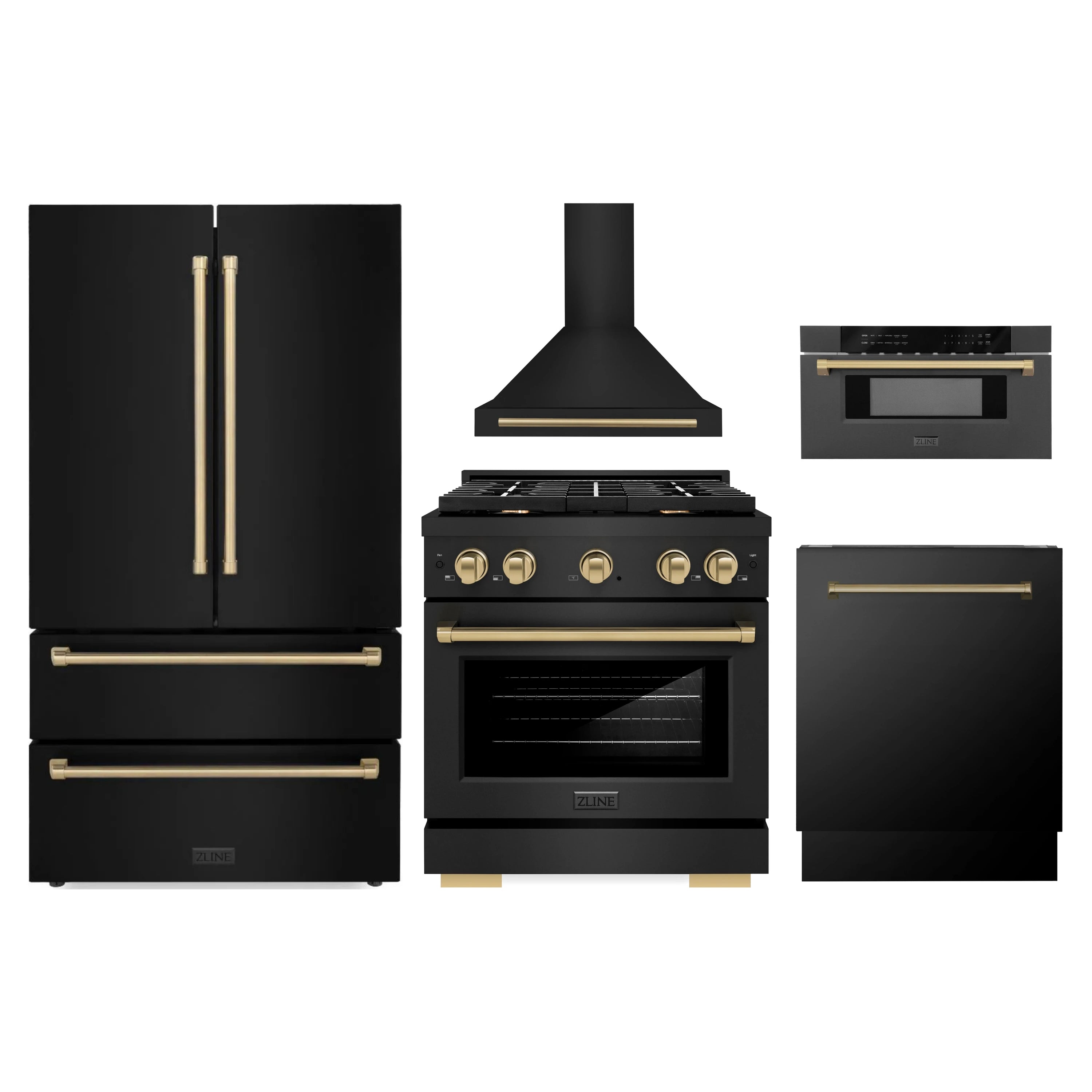 Black stainless 5-piece appliance package with champagne bronze accents