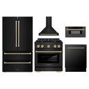 ZLINE 5-Piece Appliance Package - 30-Inch Paramount Gas Range, Wall Mount Range Hood, 36-Inch French Door Refrigerator, Dishwasher, and 30-Inch Microwave Drawer in Black Stainless Steel with Champagne Bronze Accents